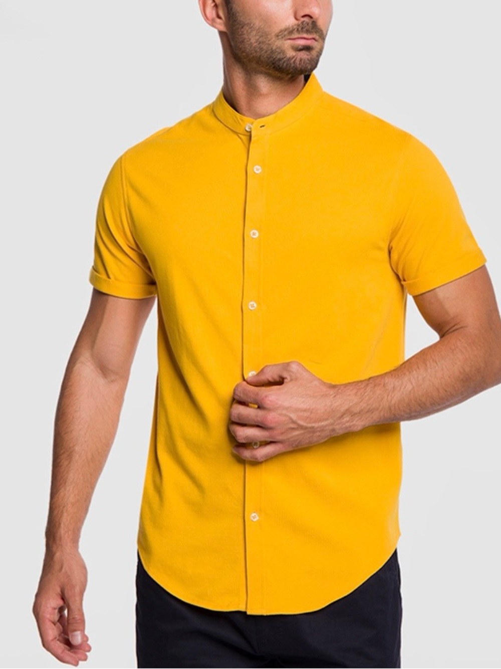 Zara Yellow Short-Sleeve Grandad Collar Button-Down Shirt